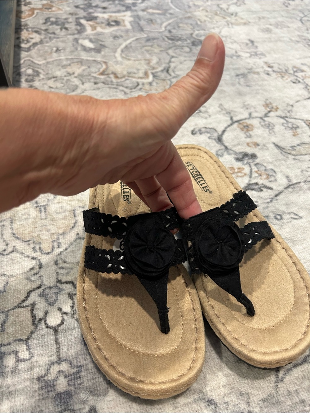 Seychelles Black Embellished Thong Sandals with Rosette
